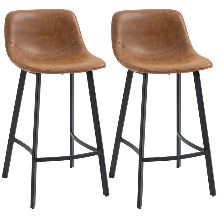 Industrial Kitchen Stool Pair - Upholstered Bar Chairs with Steel Legs and Supportive Back - Set of 2 Brown Bar Stools for Home and Entertainment Spaces