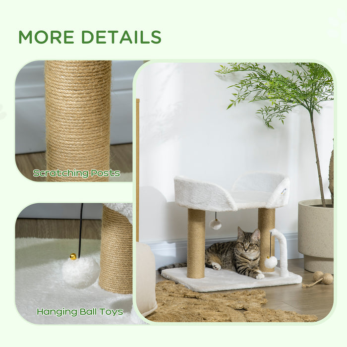 Small Cat Tree with Sisal Scratching Post - 42cm Indoor Climbing Tower with Kitten Bed and Playful Toy Balls, White - Perfect for Scratching, Playing, and Relaxing