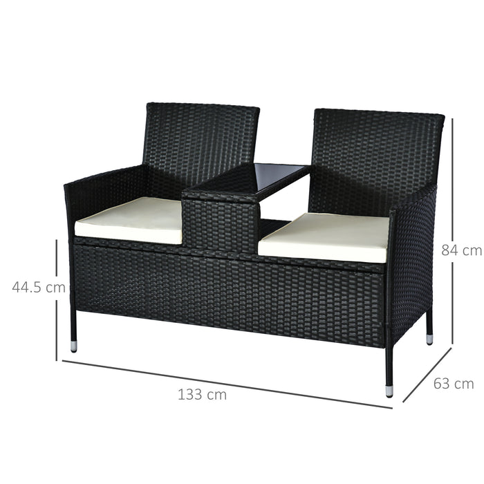 Outdoor Rattan Companion Chair - Two-Seater Wicker Loveseat with Built-In Drink Table - Ideal Garden Patio Furniture for Couples in Black