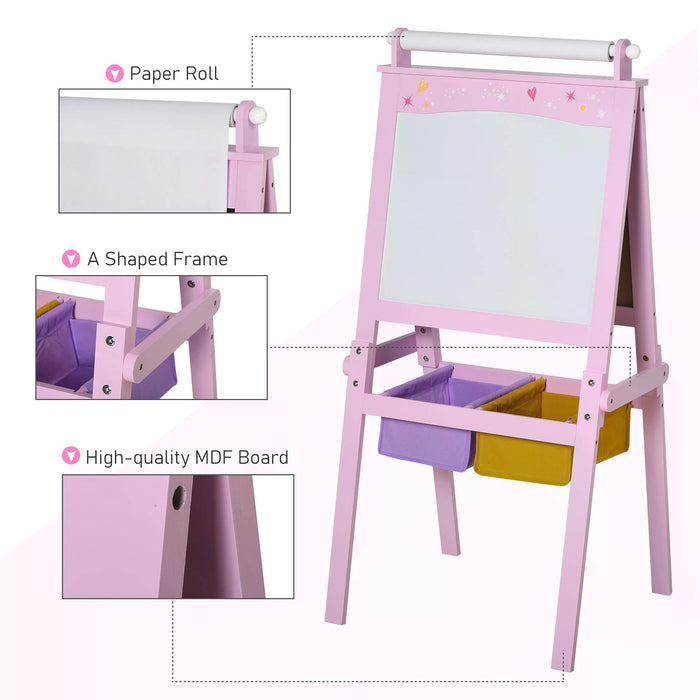 3-in-1 Kids Wooden Art Easel with Paper Roll - Double-Sided Chalkboard & Whiteboard, Storage Baskets - Creative Learning Tool for Toddler Girls 3 Years+ in Pink