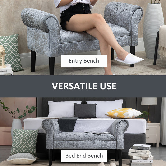 Velvet Fabric Bed End Bench with Sponge Cushion - Ice Crush Upholstery and Silver-Grey Tone, Armrests Included - Elegant Bedroom Accent Furniture