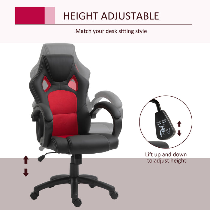 High-Back Swivel Chair - Faux Leather Home Office Desk Chair with Wheels and Armrests, Black & Red - Comfortable Seating for Work or Study
