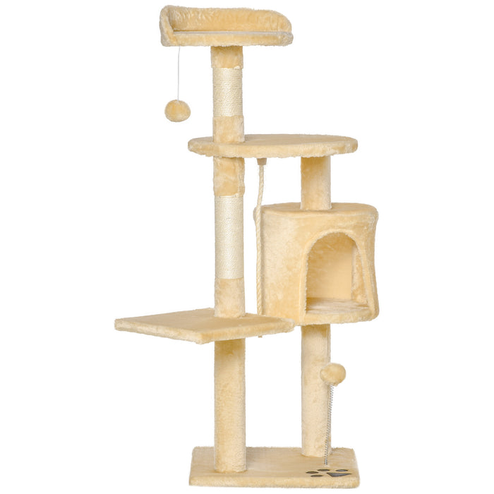 Cat Tree Tower - 114cm Tall Beige Cozy Condo for Cats with Scratching Posts - Ideal for Climbing & Lounging Pets
