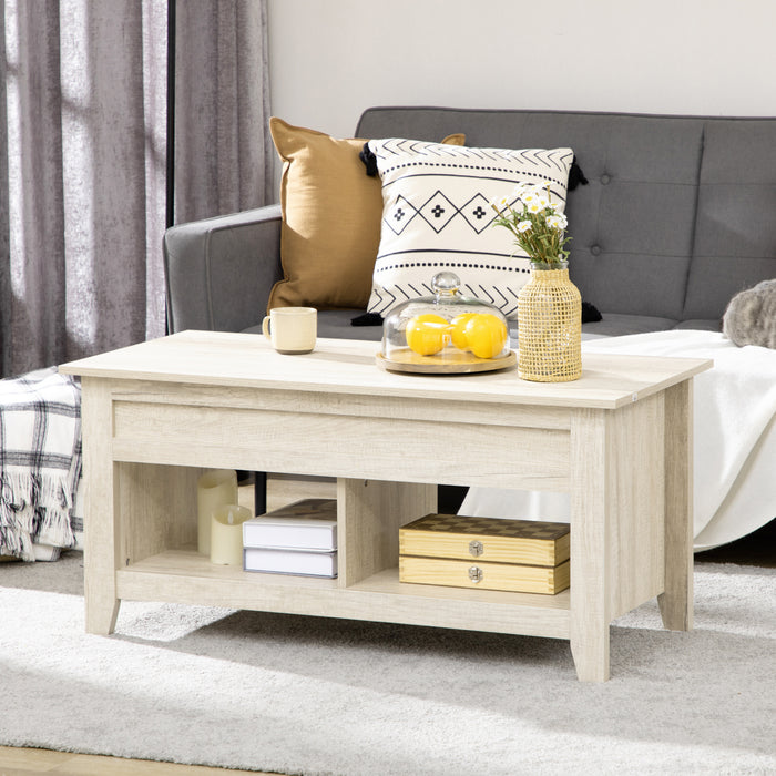 Lift-Top Oak Coffee Table - Hidden Storage, Pop-Up Tabletop, and Open Shelving - Versatile Living Room Centerpiece