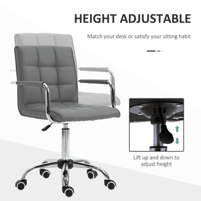 Ergonomic Mid-Back Swivel Chair in Grey PU Leather - Adjustable Height, Padded Armrests and Rolling Wheels - Ideal for Home Office and Computer Desks