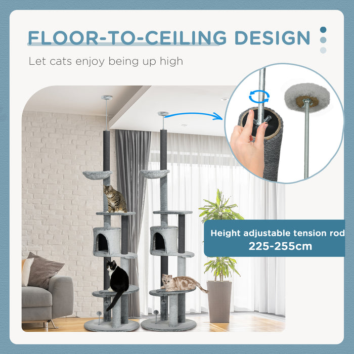 Height-Adjustable Cat Tower - 255cm Floor-Ceiling Tree, Scratching Posts, Hammock, Cozy House, Sturdy with Anti-tip Kit, Perches & Toys - Ideal for Climbing & Lounging Felines