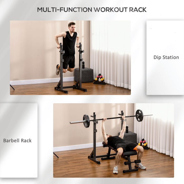 Heavy Duty Adjustable Barbell Rack - Squat & Dip Station Power Stand with Multifunctional Weight Lifting Capabilities - Ideal for Home Gym Strength Training