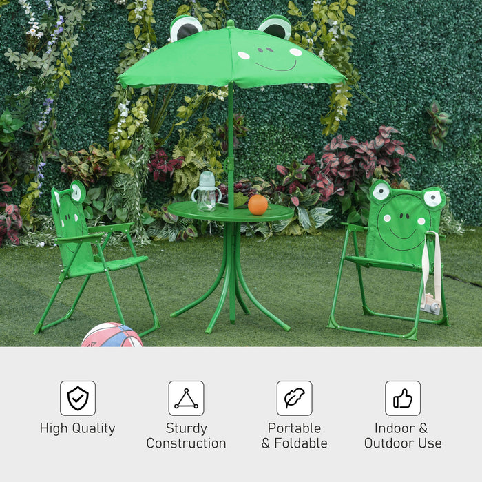 Kids Picnic Table and Chair Set with Frog Pattern - Folding Design & Adjustable Sun Umbrella Included, Green - Perfect for Outdoor Activities and Sun Protection