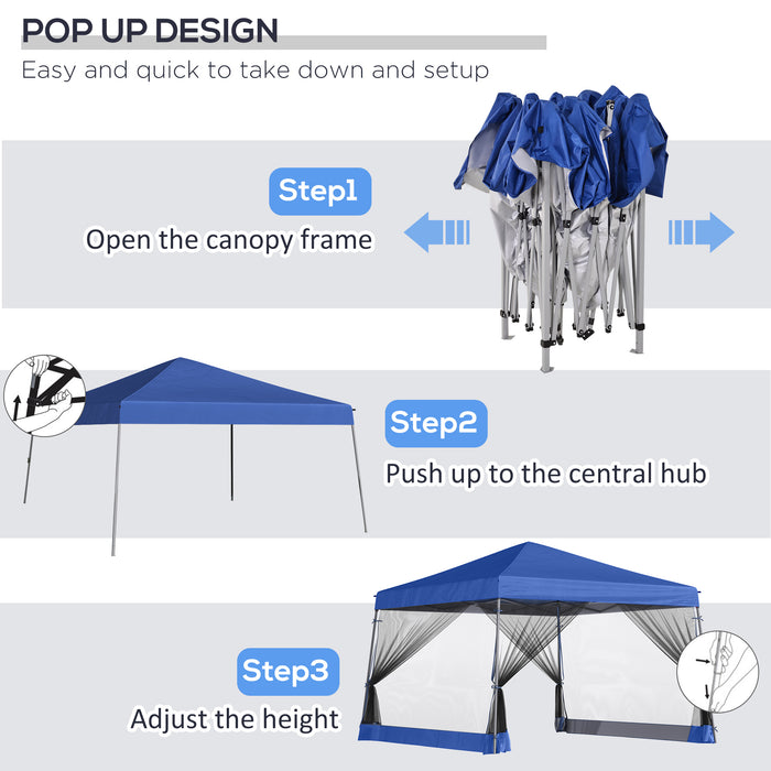 Outdoor Garden Canopy Tent 3.6x3.6m - Pop-up Gazebo with Sun Shade and Mesh Screen Side Walls, Blue - Ideal Event Shelter for Parties and Gatherings
