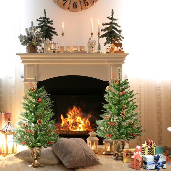 Artificial Christmas Tree Duo - 3ft Pre-Decorated Trees with 110 Lifelike Branches, Pine Cones, Berries in Gold Pot - Ideal for Doorways and Porch Holiday Decor