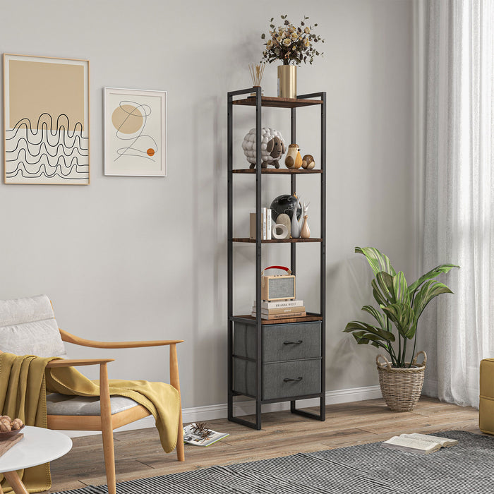 4-Tier Industrial Bookcase with Fabric Drawers - Rustic Brown Storage Shelf with Metal Frame for Versatility - Ideal for Living Room and Bedroom Organization