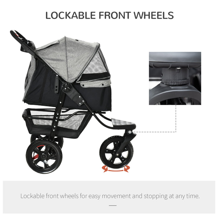 3-Wheel Folding Pet Stroller for Dogs - Adjustable Canopy, Mesh Window, Storage & Brake Features in Grey - Ideal Dog Jogger and Travel Carrier for Pet Lovers
