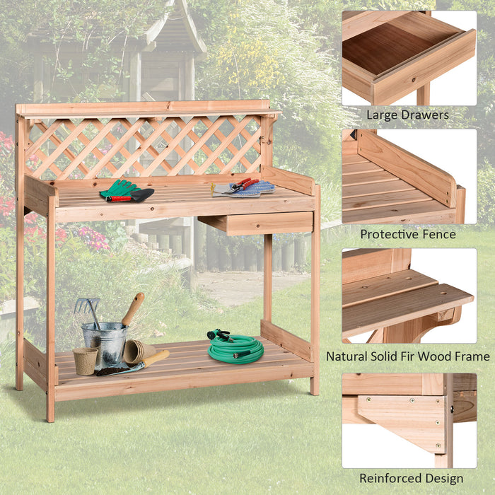 Wooden Garden Potting Table with Drawer - Flower Planting Workstation with Tool Storage and Shelves - Perfect for Gardeners and Outdoor Plant Care