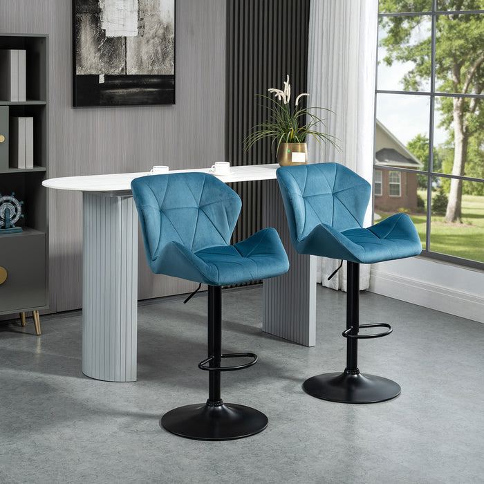 Luxury Velvet Bar Stools - Set of 2 Adjustable Metal Frame Barstools with Footrest and Round Base - Elegant Seating for Home Bar or Kitchen Island