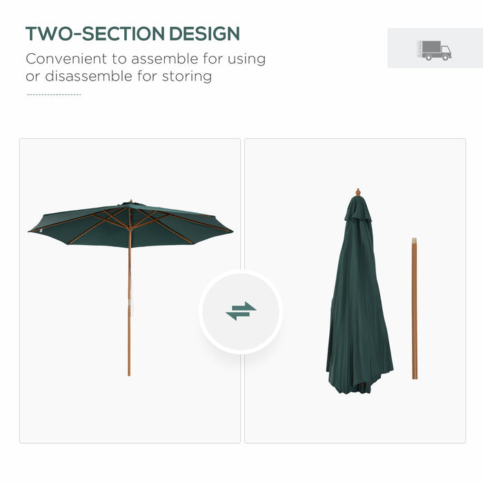 Wooden Patio Umbrella 3m - Pulley-Operated Garden Parasol with 8 Ribs in Dark Green - Ideal for Outdoor Shade and Relaxation