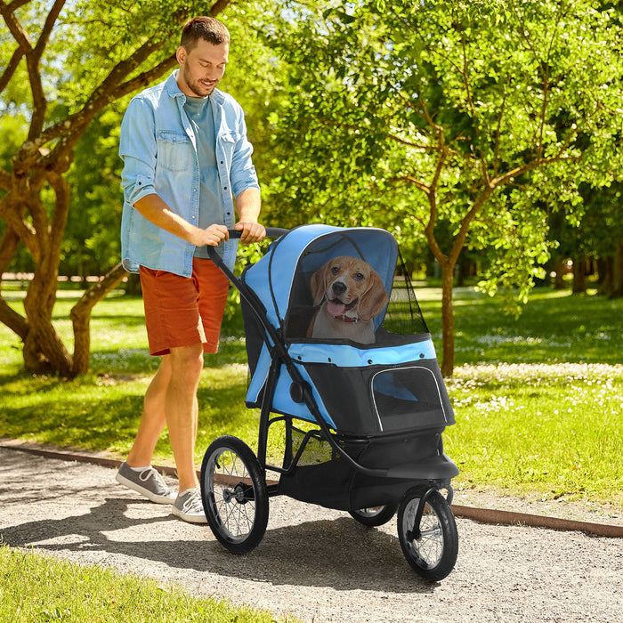 Foldable Pet Stroller with Adjustable Canopy - Sturdy Dog & Cat Pushchair with Smooth-Rolling Wheels - Ideal for Medium to Small Pets, Travel-Friendly Design, Blue