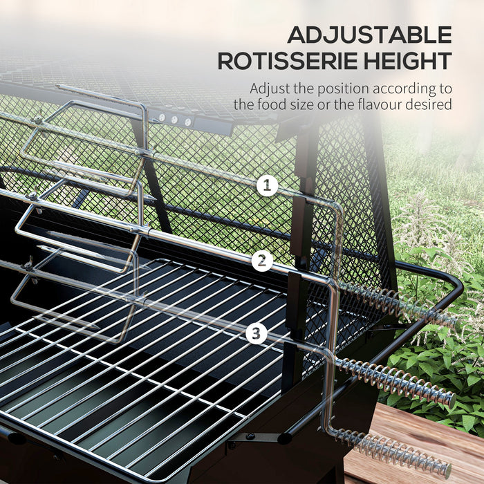 3-in-1 Charcoal Grill with Rotisserie and Fire Pit - Outdoor Cooking Station with Storage Shelf - Perfect for Grilling, Roasting & Campfires