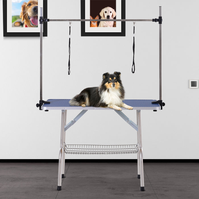 Adjustable Dog Grooming Table with Rubberized Surface - Includes 2 Safety Slings and Mesh Storage Basket, Heavy-Duty Metal Construction in Blue - Ideal for Pet Stylists and Home Grooming, 107 x 60 x 170 cm