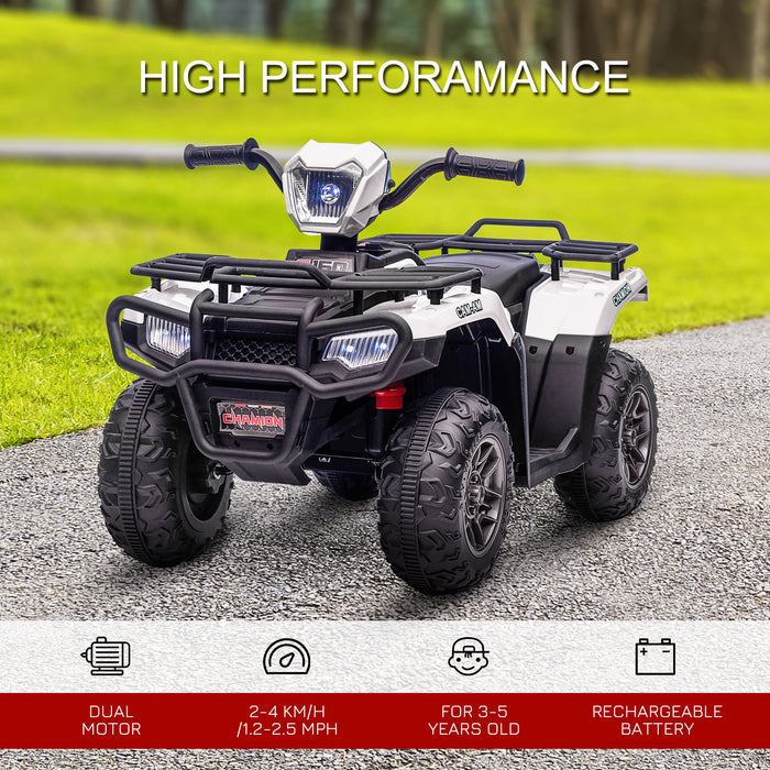 Kids' 12V Electric Quad Bike ATV - Forward/Reverse, Music, LED Headlights - Ideal for Ages 3-5, White Outdoor Fun