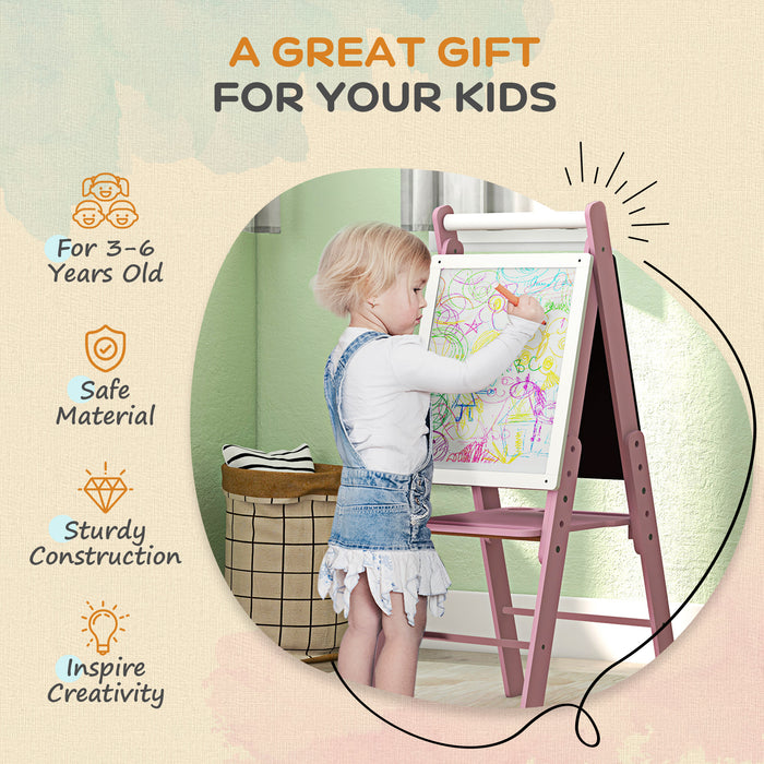 Kids' 3-in-1 Art Easel with Paper Roll - Height Adjustable Double-Sided Whiteboard & Chalkboard - Creative Play for Ages 3-6 Years