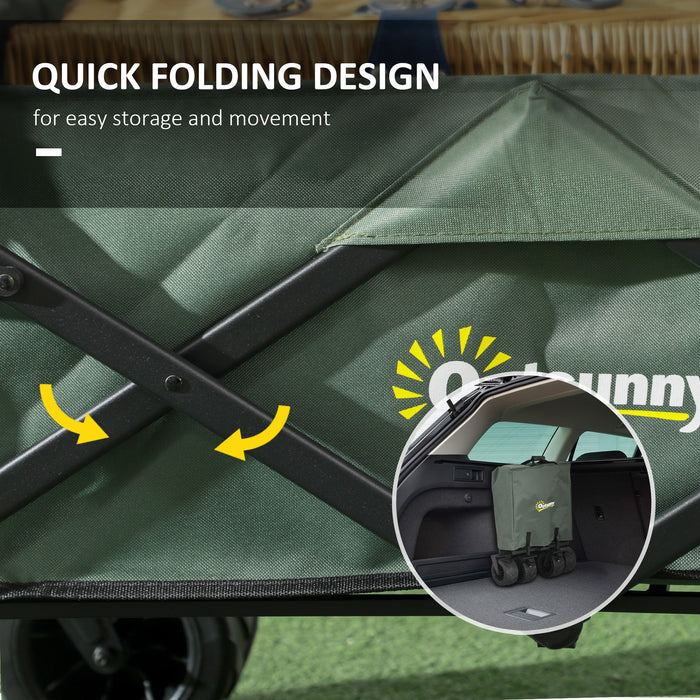Beach Trailer Folding Trolley - 4-Wheel Storage Wagon with Canopy and Pull Handle - Ideal for Camping and Outings in Green