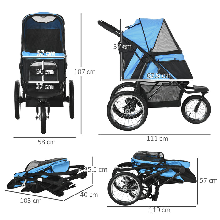 Foldable Pet Stroller with Adjustable Canopy - Sturdy Dog & Cat Pushchair with Smooth-Rolling Wheels - Ideal for Medium to Small Pets, Travel-Friendly Design, Blue