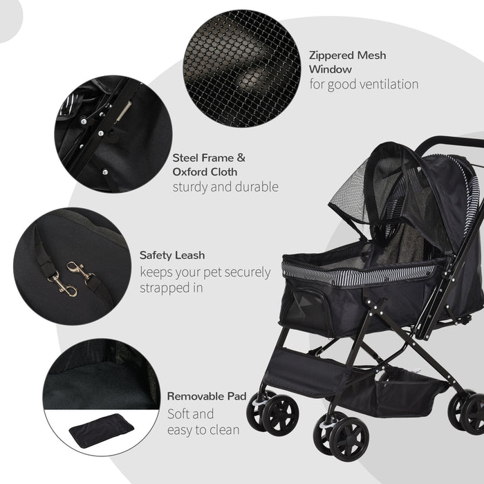 Easy-Fold Pet Stroller for Dogs and Cats - Reversible Handle, Safety Brake, and Carrier Basket - Convenient Travel Pushchair for Pet Owners