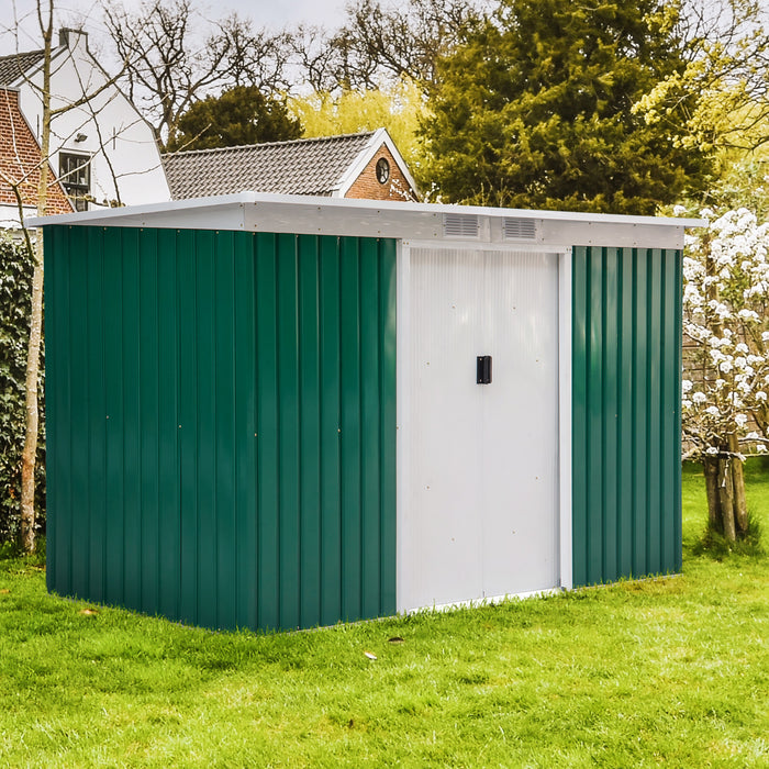 Outdoor Metal Storage Shed - 9ft x 4.25ft Corrugated Garden Equipment Tool Box with Foundation, Ventilation, & Doors - Secure Deep Green Organizer for Garden Tools & Supplies