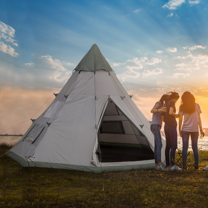 6-Person Tipi Camping Tent - Family Teepee with Mesh Windows, Zippered Entrance & Carry Bag - Easy Setup for Hiking, Picnics & Outdoor Adventures, Green/Grey