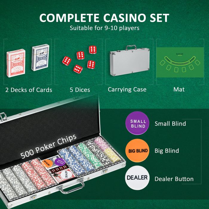 Complete Poker Chip Bundle - 500-Piece Set with Playing Mat, Dual Card Decks, Dealer Button & 5 Dice - Ideal for Casino Nights & Family Game Gatherings