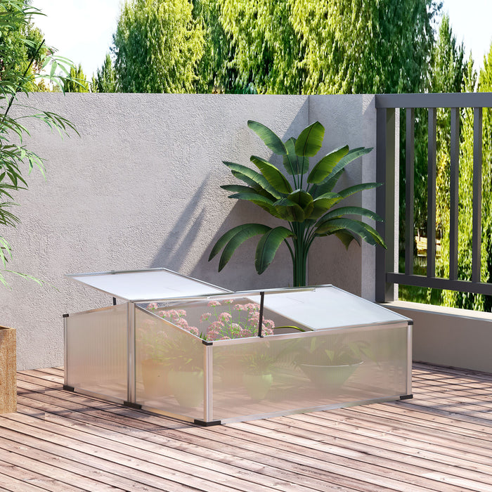 Aluminium Grow House with Polycarbonate Panels - Cold Frame Greenhouse with Independent Opening Tops, 120x100x41 cm - Ideal for Protecting Plants in All Seasons