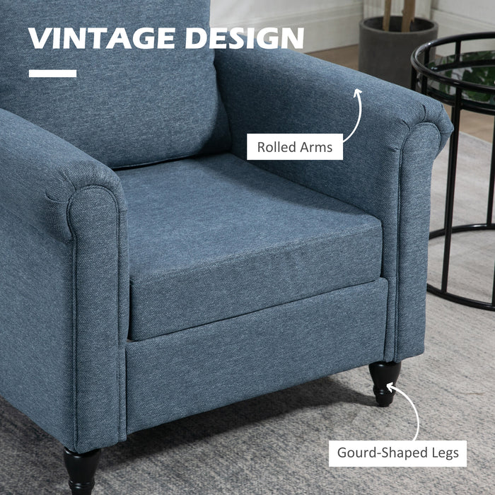 Vintage Tufted Accent Chair - Upholstered Lounge Armchair with Rubber Wood Legs and Rolled Arms in Dark Blue - Elegant Seating for Living Room or Reading Nook
