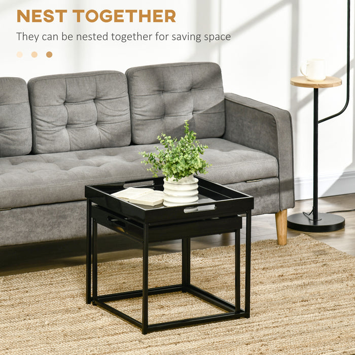 Contemporary Nesting Coffee Tables, Set of 2 - Square High Gloss Top with Sturdy Steel Frame - Space-Saving Design for Modern Living Rooms