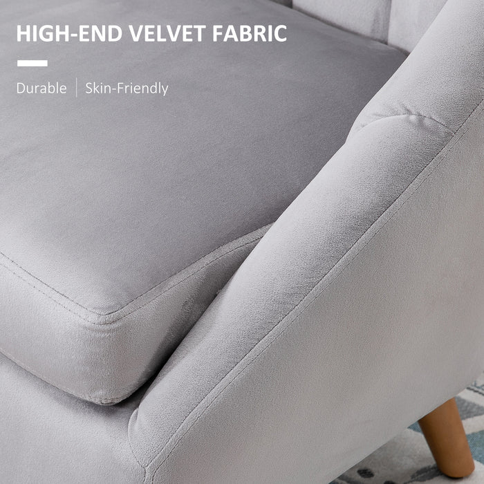 Velvet Fabric Accent Chair - Single Sofa Armchair with Solid Wood Legs for Home Living Room - Upholstered Grey Side Chair for Elegant Seating Comfort