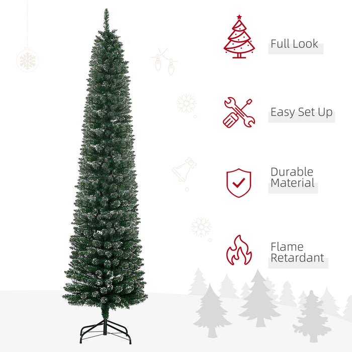 Artificial Snow-Flocked Pencil Christmas Tree 7.5FT - Slim Green Holiday Tree with Black Folding Metal Stand - Festive Indoor Home Decor for Xmas Season