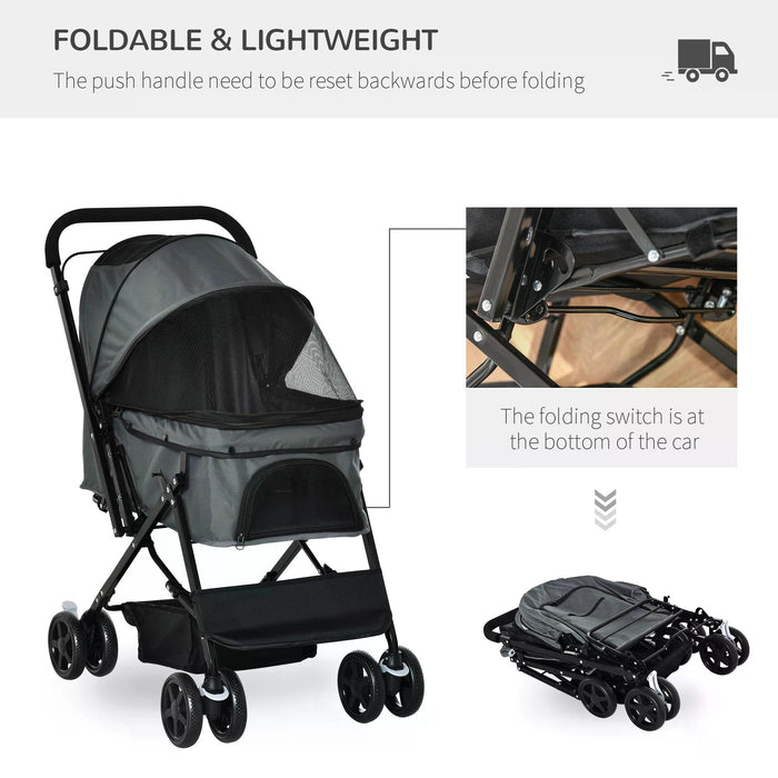 Foldable Pet Stroller and Jogger - Reversible Handle, EVA Wheels with Brake, Safety Leash, Adjustable Canopy, Storage Basket - Comfortable Transportation for Dogs and Cats
