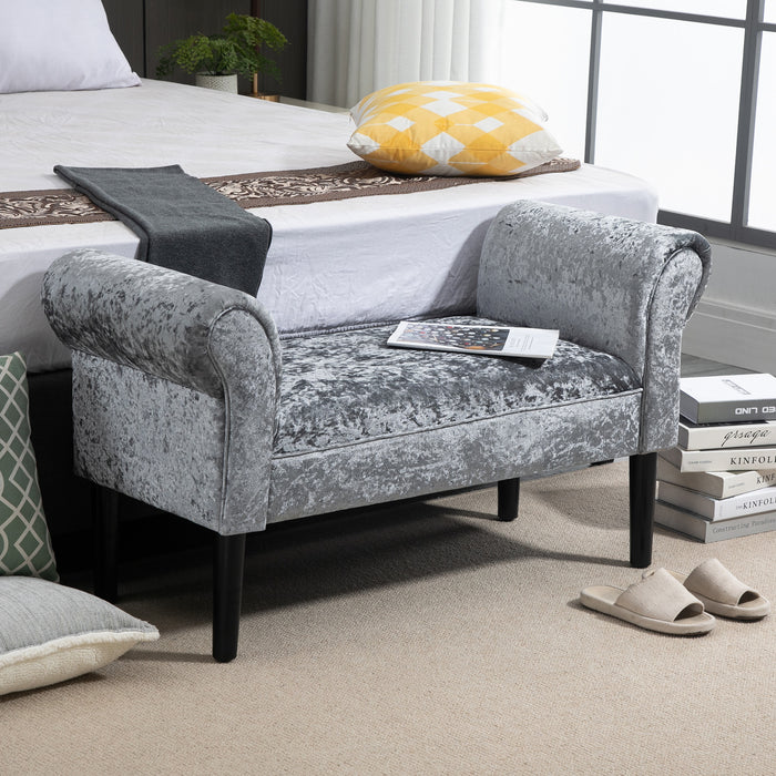 Velvet Fabric Bed End Bench with Sponge Cushion - Ice Crush Upholstery and Silver-Grey Tone, Armrests Included - Elegant Bedroom Accent Furniture