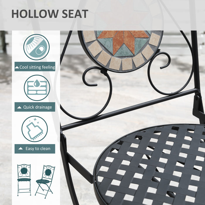 3-Piece Metal Garden Bistro Set with Mosaic Tabletop - Folding Chairs & Round Table for Outdoor Use - Ideal for Balcony & Poolside, Light Blue