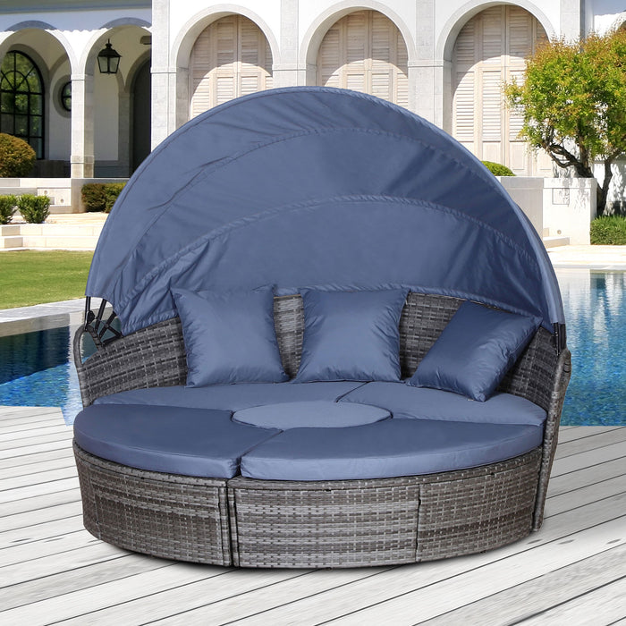 6-Seater Rattan Sofa Bed with Coffee Table - Cushioned Wicker Round Outdoor Lounging Set - Ideal Patio Conversation Furniture for Garden and Relaxation