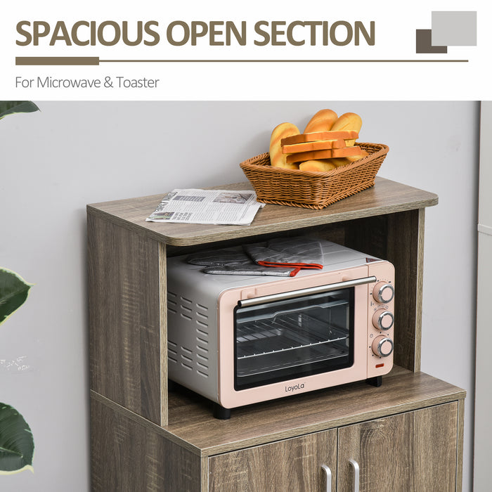 Utility Trolley Microwave Cart with Wheels - Ample Storage Sideboard, 2-Door Cabinet, and Bookshelf, 97x60.4x40.3 cm in Grey - Ideal for Kitchen Organization and Space Saving