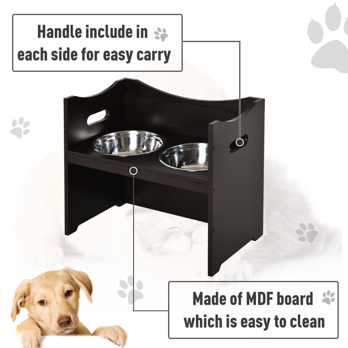 Elevated Duo Pet Feeder with Adjustable Shelf and Handles - Raised Feeding Station with 2 Stainless Steel Bowls, MDF Frame, 47x54cm - Ideal for Dogs and Cats, Enhances Digestion and Posture, Brown