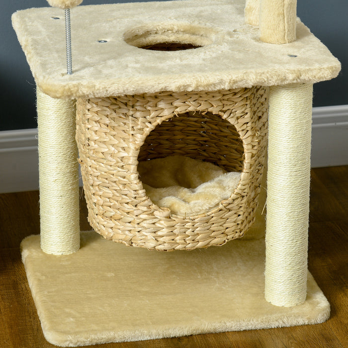 Luxury Beige Cat Tree with Multi-Level Design - Indoor Cat Condo with Scratching Posts, Plush Bed & Playful Toy Ball - Ultimate Play & Rest Station for Cats
