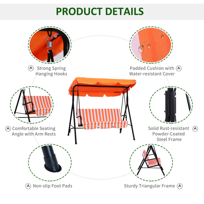 Heavy-Duty 3-Seater Canopy Swing Chair - Garden Rocking Bench with Metal Frame and Orange Top Roof - Ideal Outdoor Patio Furniture for Relaxation