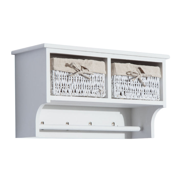 Wall-Mounted Entryway Coat Rack - White Shelf with Wicker Baskets and Hooks, 2-Basket Organizer - Perfect Storage Solution for Home Organization