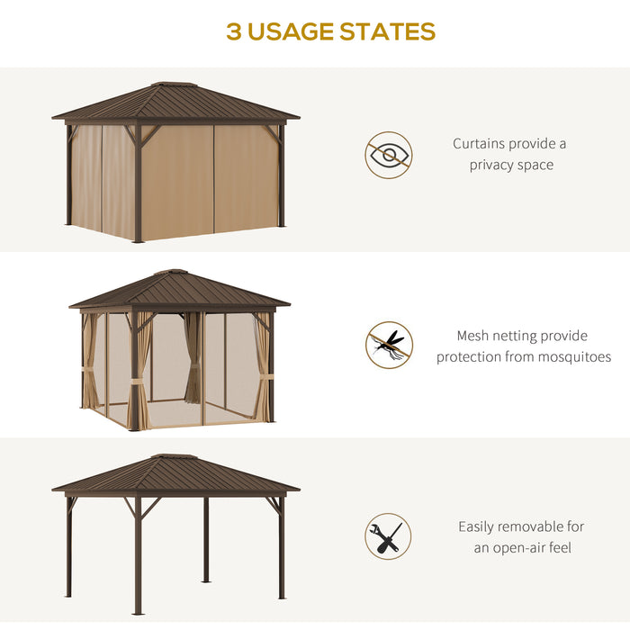 Outdoor Hardtop Gazebo 3.6x3m - Metal Roof Aluminum Frame with Mesh Nettings and Curtains, Brown - Spacious Patio Shelter for Garden Entertaining
