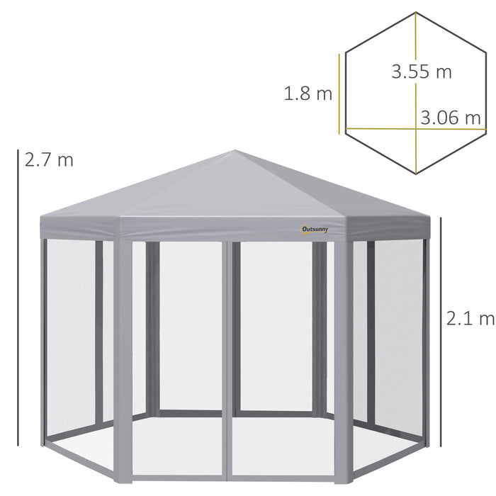 Hexagonal Pop-Up Gazebo 3x3m - Foldable Canopy Tent with Mesh Sidewalls, Adjustable Height, Roller Bag for Easy Transport - Ideal Outdoor Event Shelter for Gardens, Markets, Parties, Grey