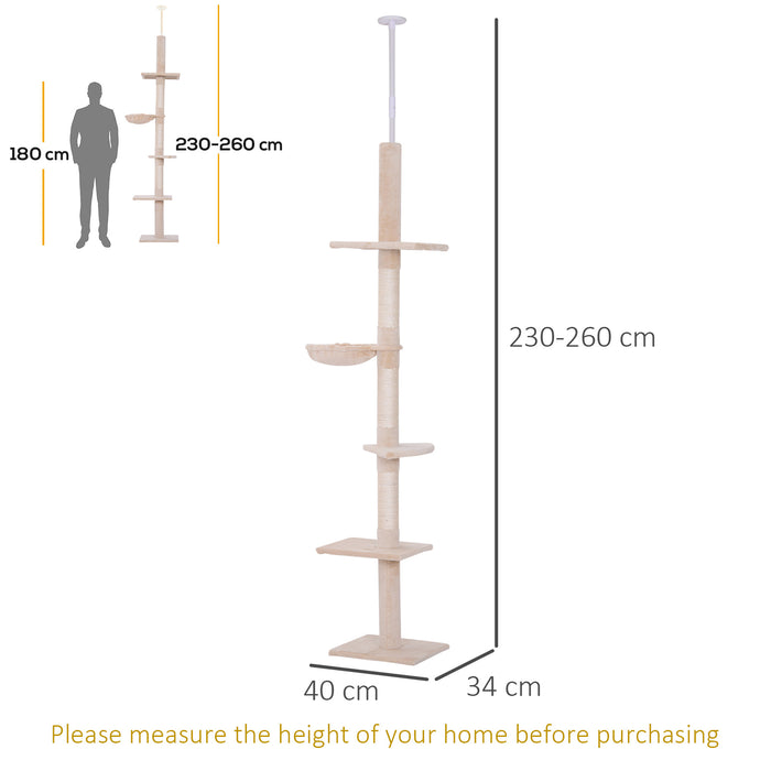 Adjustable 5-Tier Cat Climbing Tree - Floor-to-Ceiling Kitty Tower with Scratching Posts - Ideal for Feline Play & Exercise from 230-260cm Spaces
