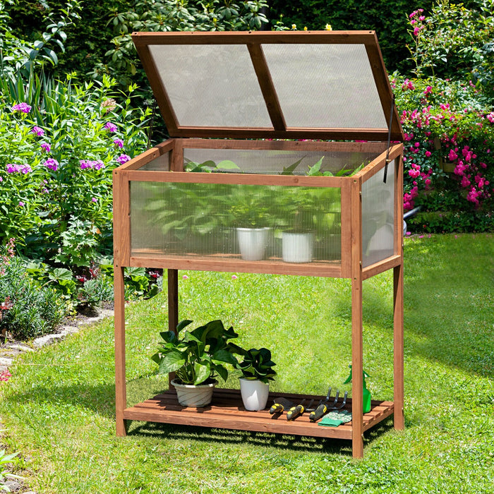 Wooden Outdoor Cold Frame - Slatted Shelf and Tilted Top Cover Features - Perfect for Seasonal Gardening