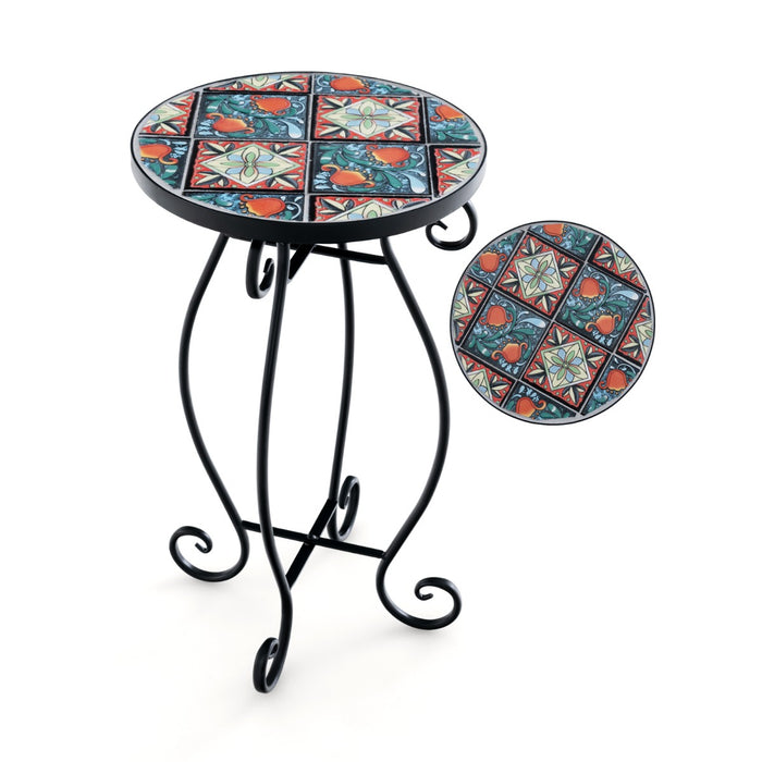 Mosaic Round Plant Stand - Outdoor Decorative Fixture with Ceramic Tile Top - Ideal for Displaying Plants and Flowers