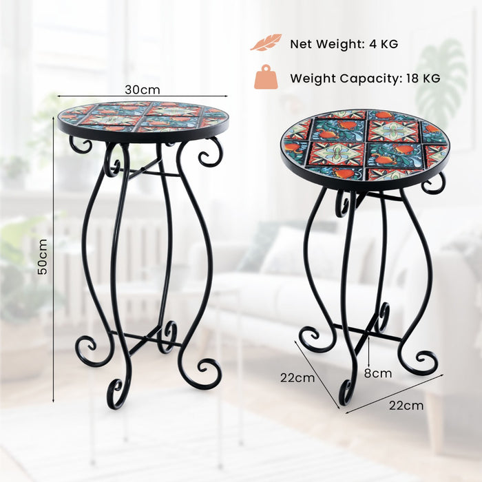 Mosaic Round Plant Stand - Outdoor Decorative Fixture with Ceramic Tile Top - Ideal for Displaying Plants and Flowers